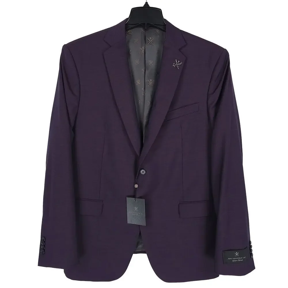 John Varvatos Mens Slim Fit 2 Piece Suit 46R 38W Purple Solid Virgin Wool Twill